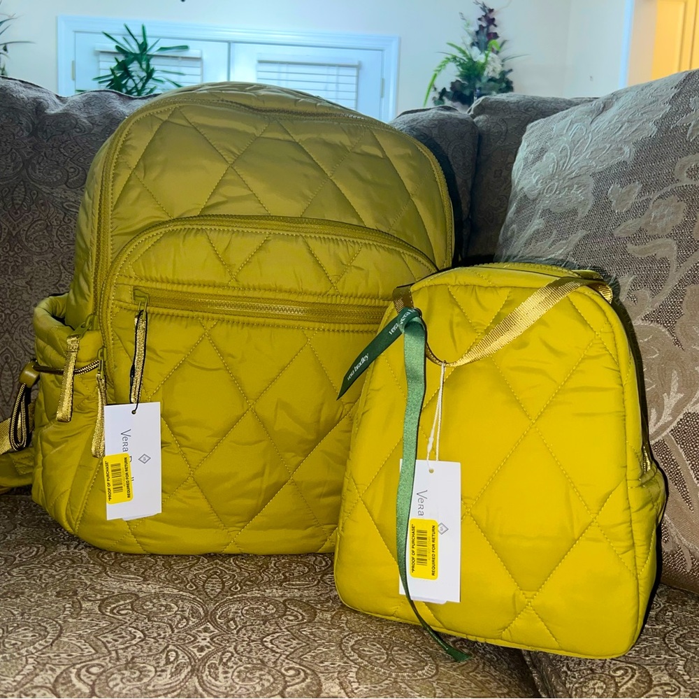 Vera Bradley Spinach Green Featherweight Quilted Backpack Set